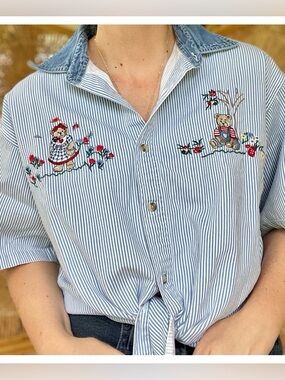 Vintage Bobbie Brooks Striped Button Down Shirt Embroidered Teddy Bears Flowers